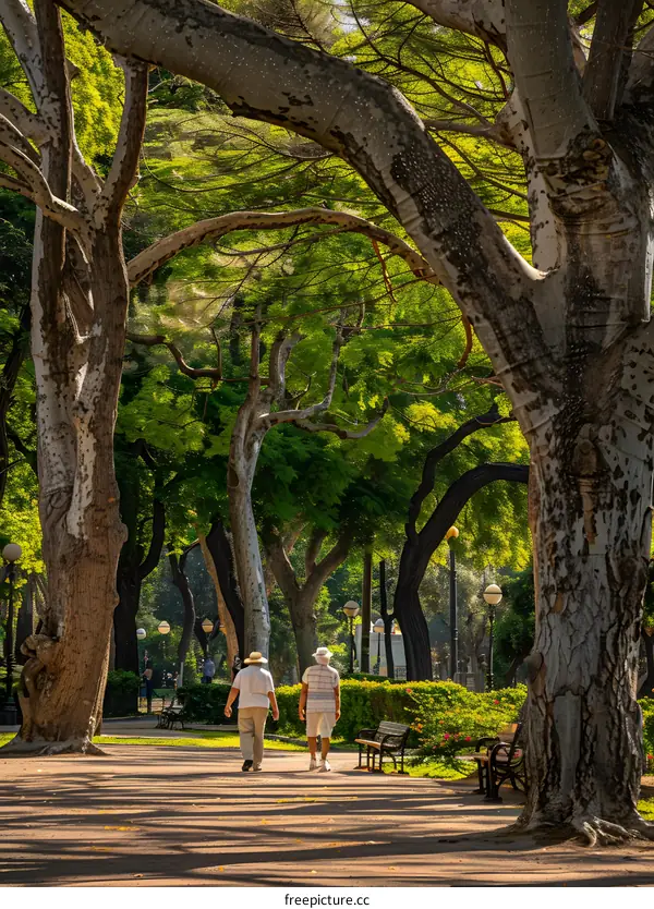 Two Men Walking on a Path Through a Green Park