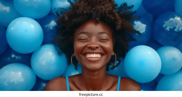 Happy African American woman with blue balloons