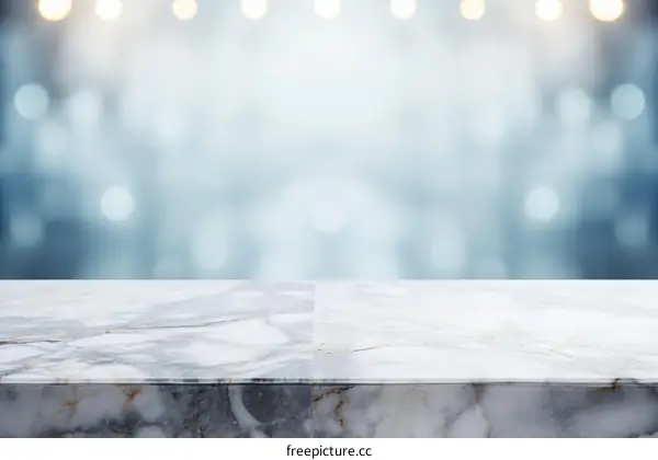 Blue marble table top with blurred bokeh lights background