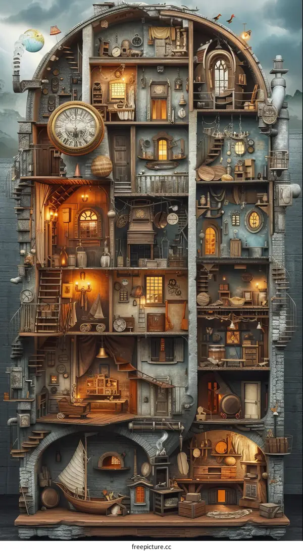 An illustration of the inside of a steampunk house