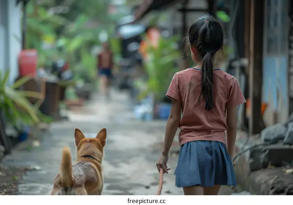 Little girl walking her dog in the alley