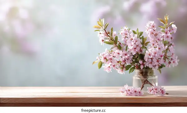 Spring Blossoms in a Vase on a Wooden Table
