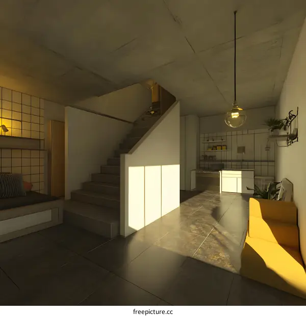 Modern Minimalist Interior Design with Staircase and Kitchen