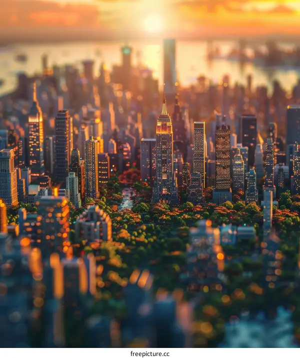 Sunset over the Pixelated New York City Skyline