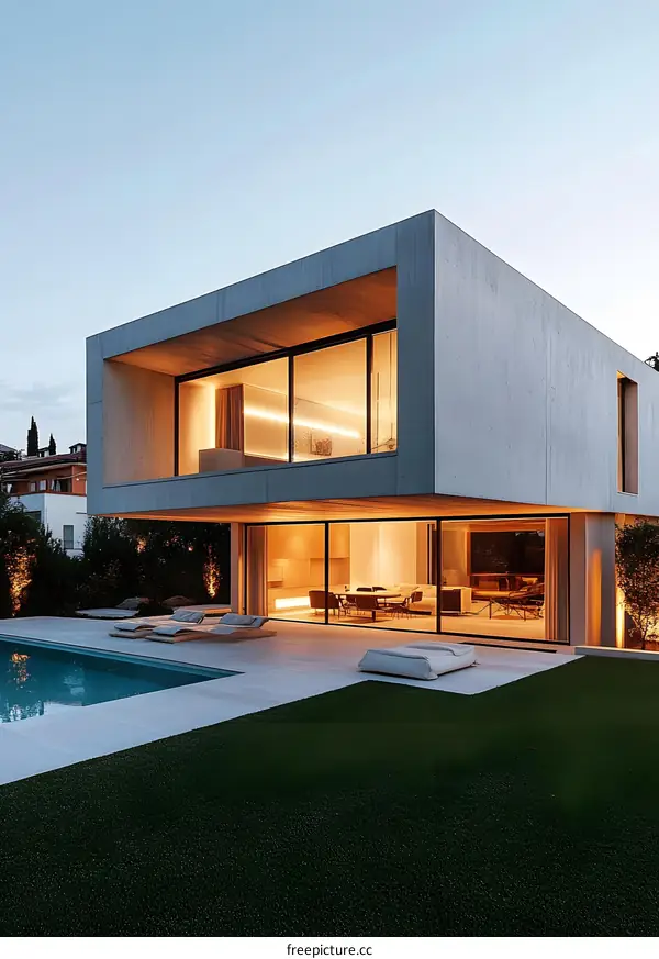 Modern Concrete House with Swimming Pool and Lush Green Lawn