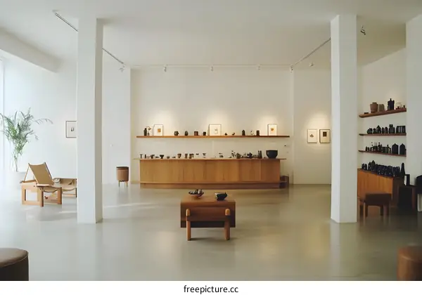 Minimalist Modern Interior Design with Wooden Shelves and Countertop