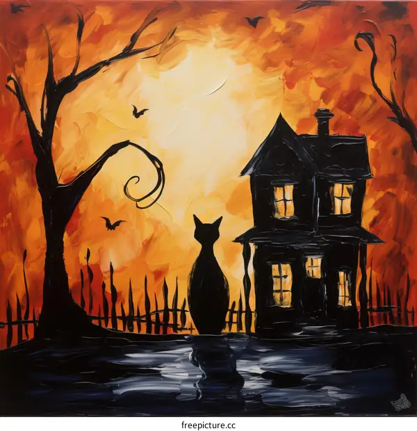 Black cat in front of a haunted house