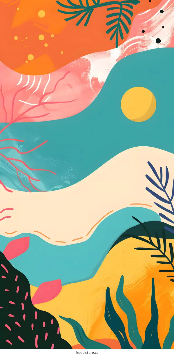 Abstract Colorful Nature Illustration with Leaves and Sun