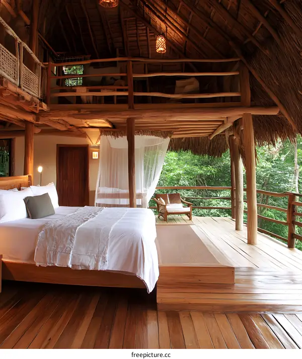 Tropical Jungle Cabin with Wooden Deck and King Size Bed