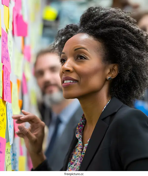 African American Woman Looking at Sticky Notes on Wall