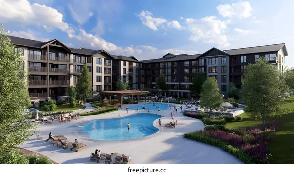 Luxury Apartment Building with Outdoor Pool and Patio