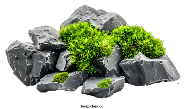 [Transparent Background PNG]Green Moss Growing on Gray Rocks