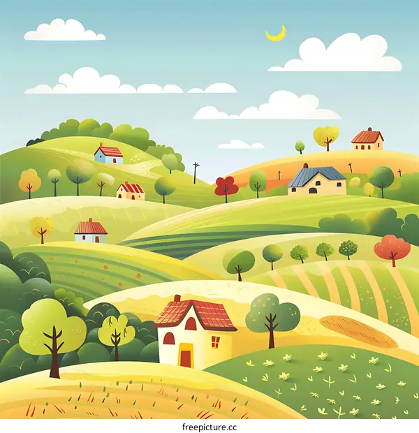 Cartoon Illustration of Green Rolling Hills with Houses