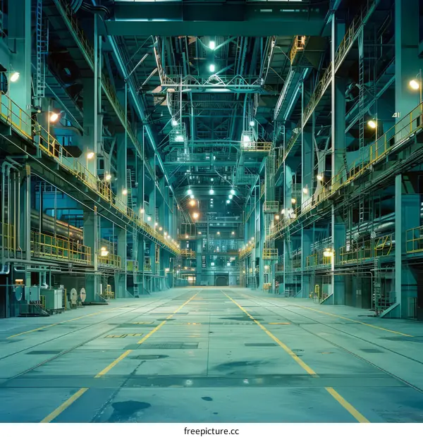 The interior of a large industrial building with a blue tint