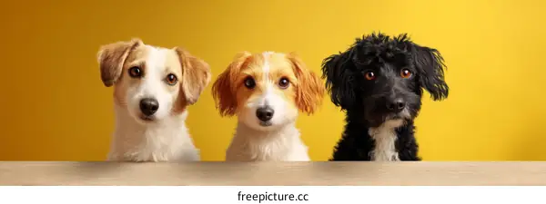 Three Adorable Dogs Posing Against a Yellow Background