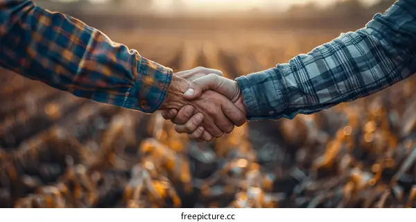 Two farmers shaking hands in a field