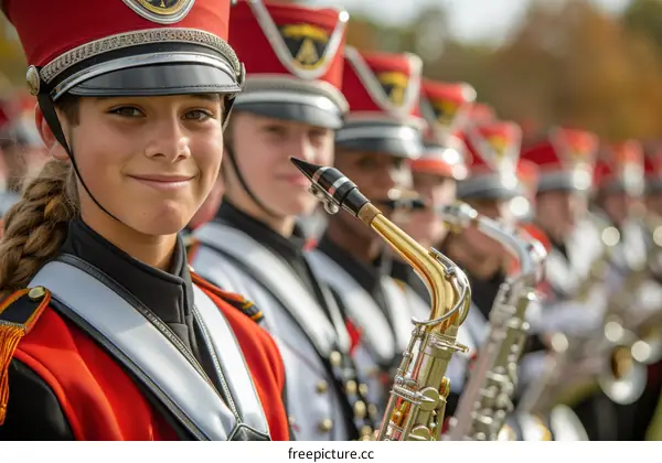 Young musician playing the saxophone in a marching band