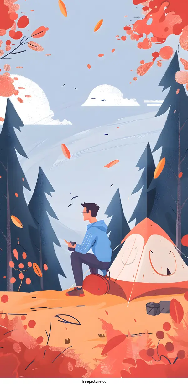 Man Sitting by a Tent in the Woods