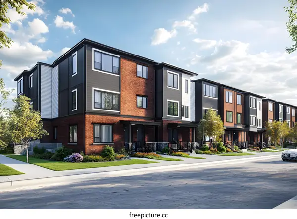 Modern Row Houses with Brick Exterior and Green Grass