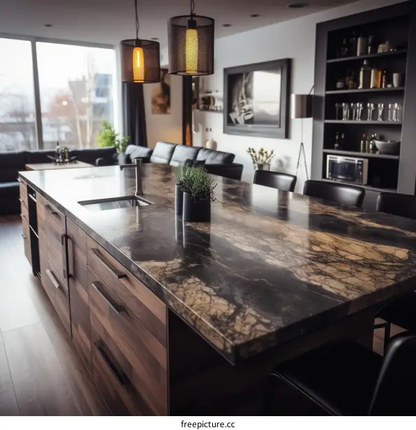 Modern Kitchen Island with Black Marble Countertops and Wood Cabinets