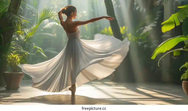 Graceful ballerina dancing in a tropical setting