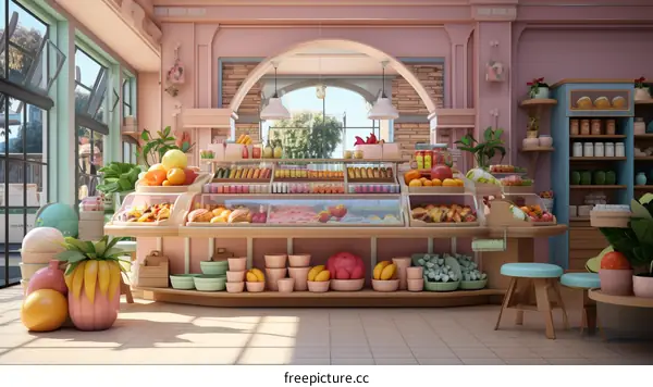 An illustration of a colorful grocery store interior