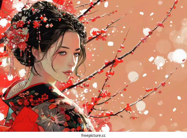 A beautiful Japanese woman in a kimono stands in a snowy forest.