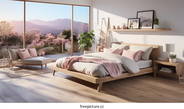 A bedroom with a large glass window and a view of the mountains