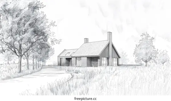 Hand Drawn Sketch of Modern House with Trees and Pathway