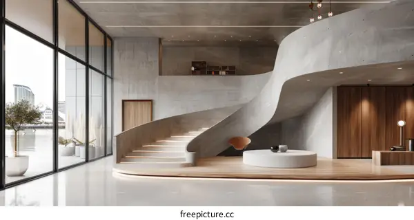 Modern office interior with curved staircase