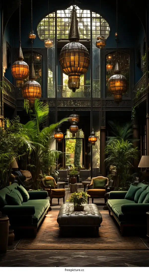 A living room with a lot of plants and green sofas