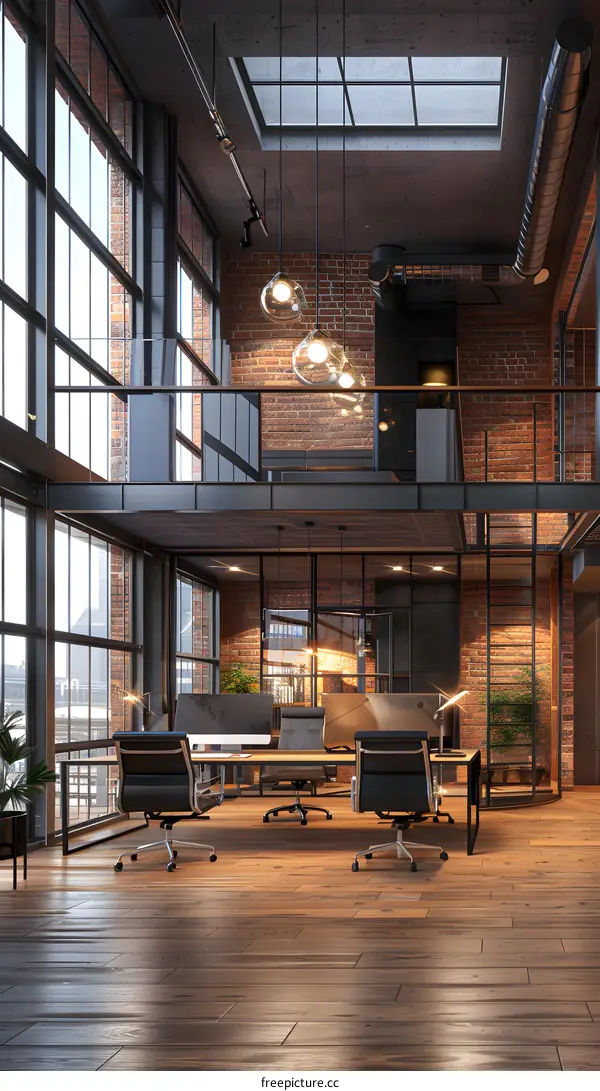 Modern office interior design with brick walls and large windows