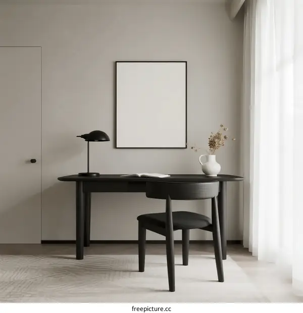 Modern minimalist home office desk with black chair and lamp