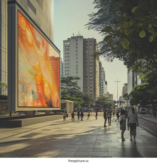 People walking on a city street past a colorful mural