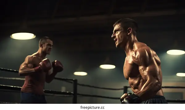 Two muscular male boxers in a boxing match