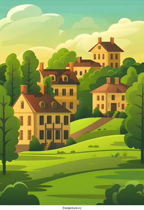 Illustration of Houses on a Hill in the Countryside