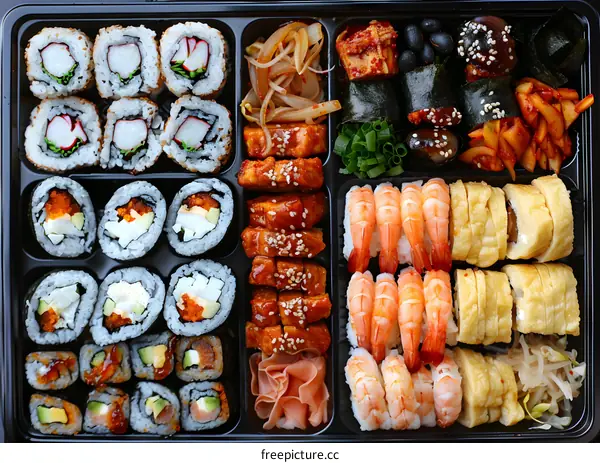 A variety of sushi and other Japanese food in a black plastic container