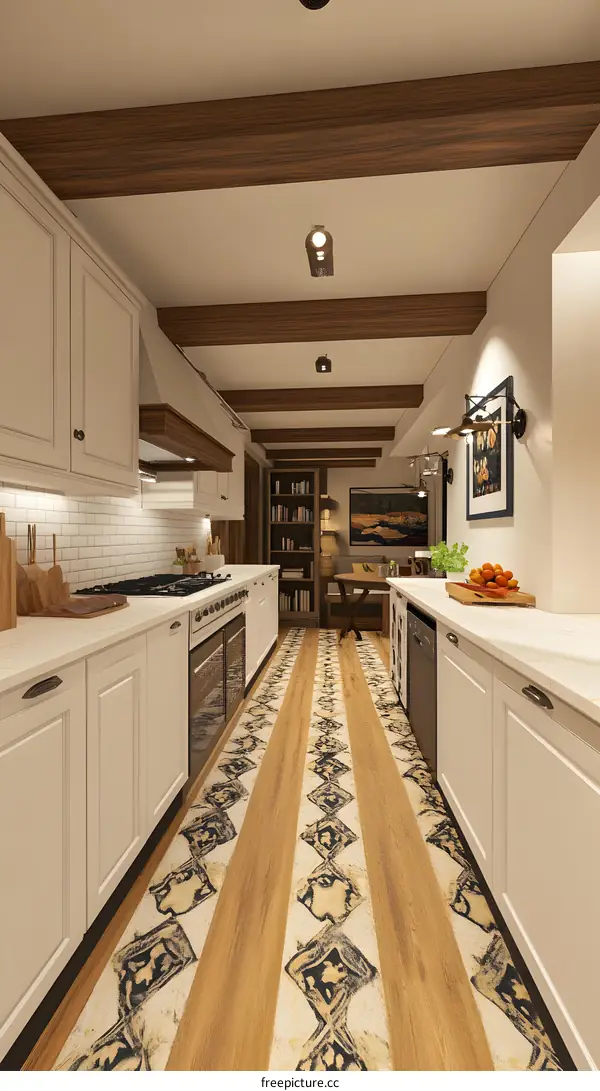 Modern Kitchen Interior Design With Wooden Beam Ceiling