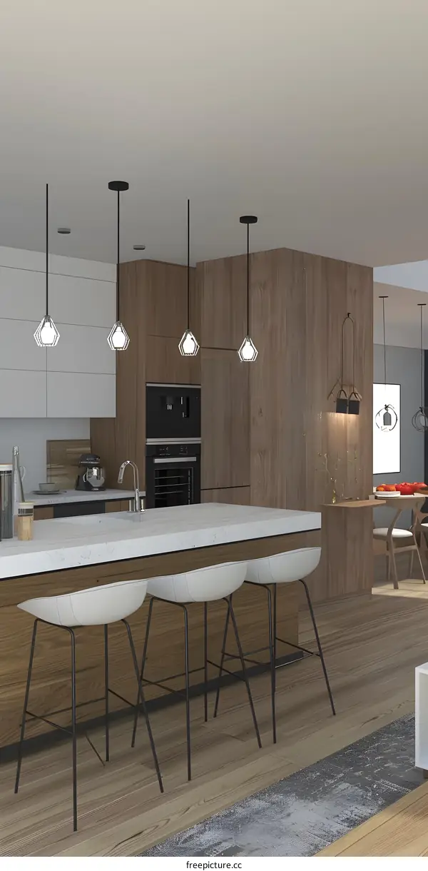 Modern Kitchen Interior Design with Wooden Cabinets and Pendant Lights