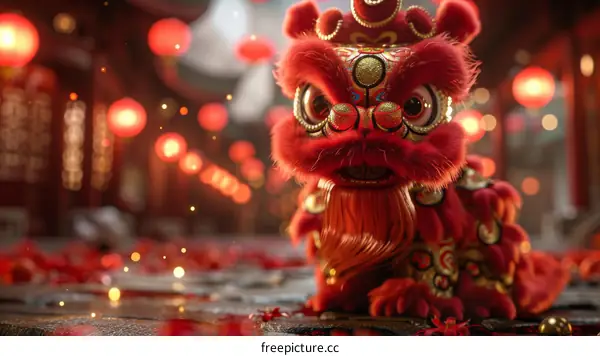 A red and gold lion with a golden bell on its head sits on the ground with a blurred background of red lanterns during Chinese New Year.
