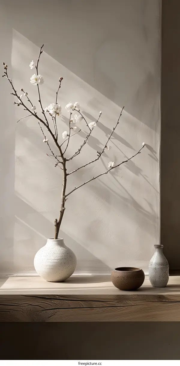 Still life with Japanese apricot blossom in ceramic vase and bowl