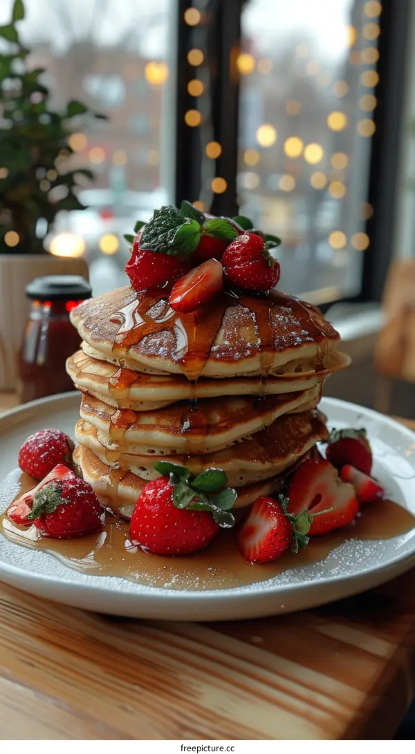 Fluffy Pancakes with Fresh Strawberries and Maple Syrup