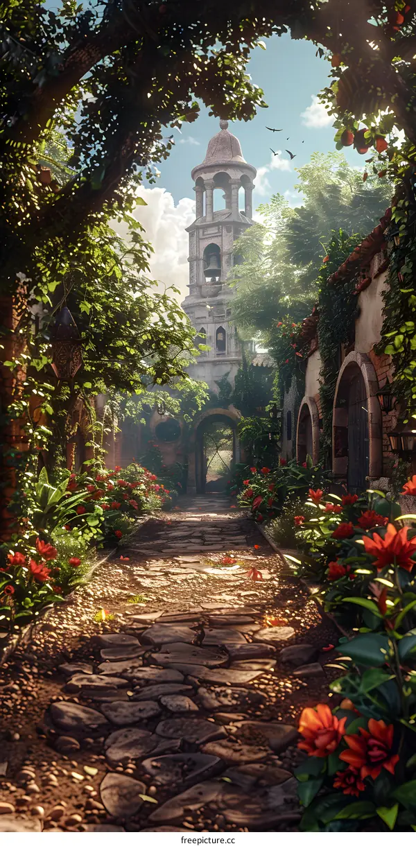European style architecture alley with flowers and trees