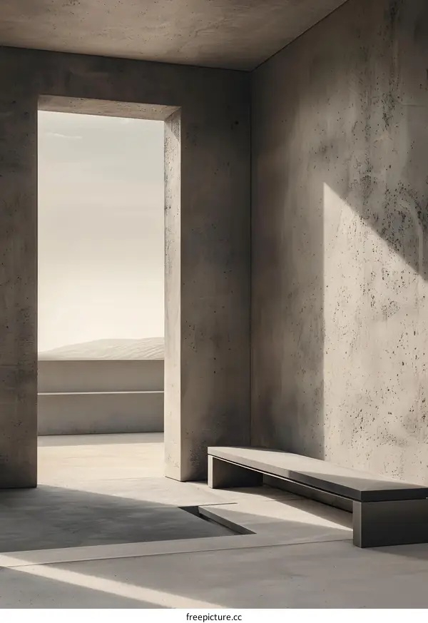 Minimalist Concrete Room with View of Landscape Through Open Doorway