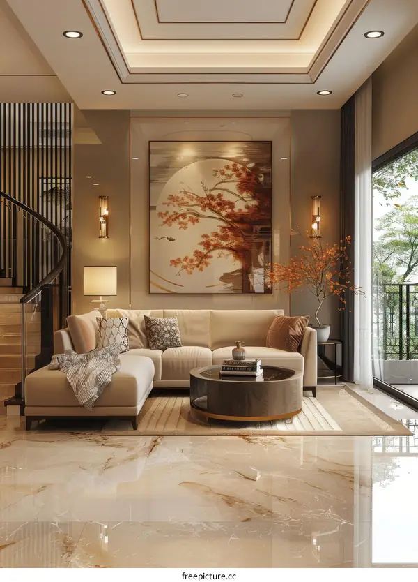 Modern Living Room with Beige Sofa and Art