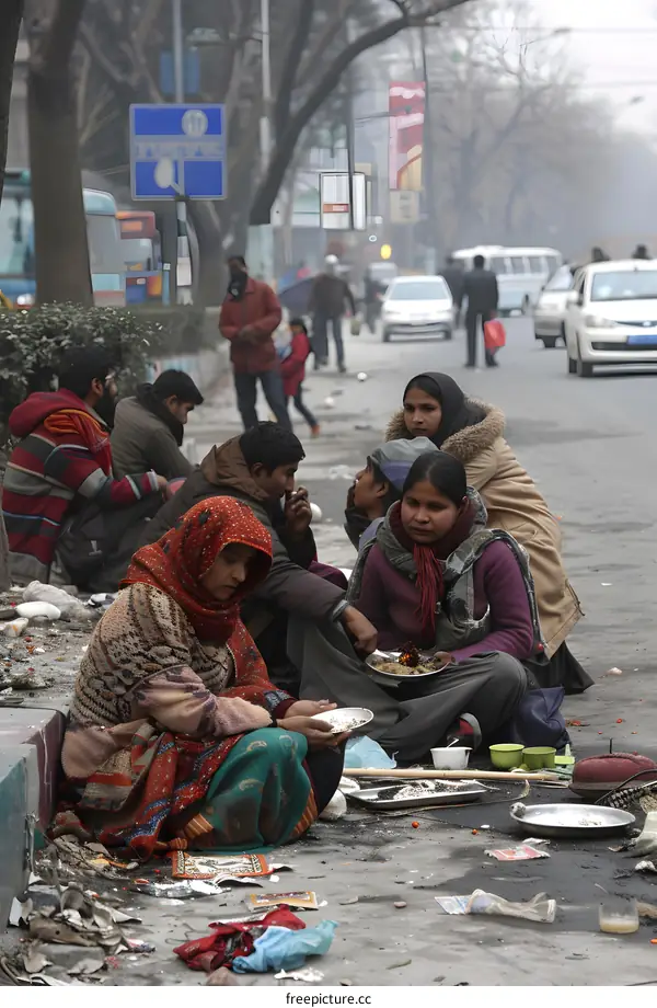 People Eating On The Sidewalk In India