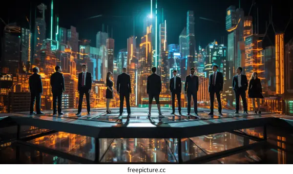 Business Leaders on Rooftop Overlooking Futuristic City