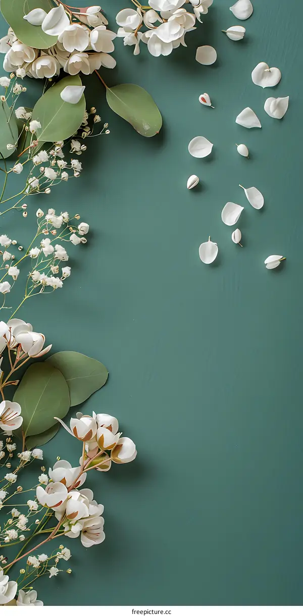 Floral Design with White Flowers and Green Leaves on Green Background