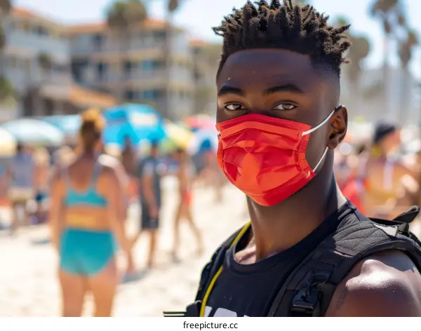 Lifeguard wearing a red mask standing on the beach