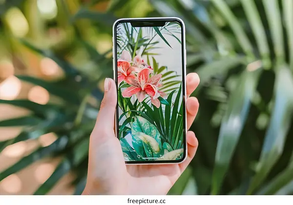 Hand Holding Smartphone With Flower Image On The Screen